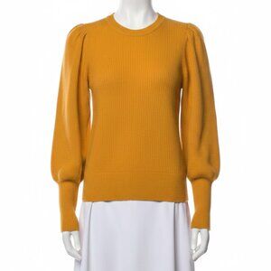 Puff Sleeve Sweater Womens Small Mustard Ribbed Knit Pullover Crewneck Dopamine